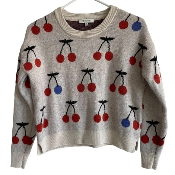 Madewell Wool & Alpaca Cherry Jacquard Pullover Sweater, Size XXS - Picture 4 of 9